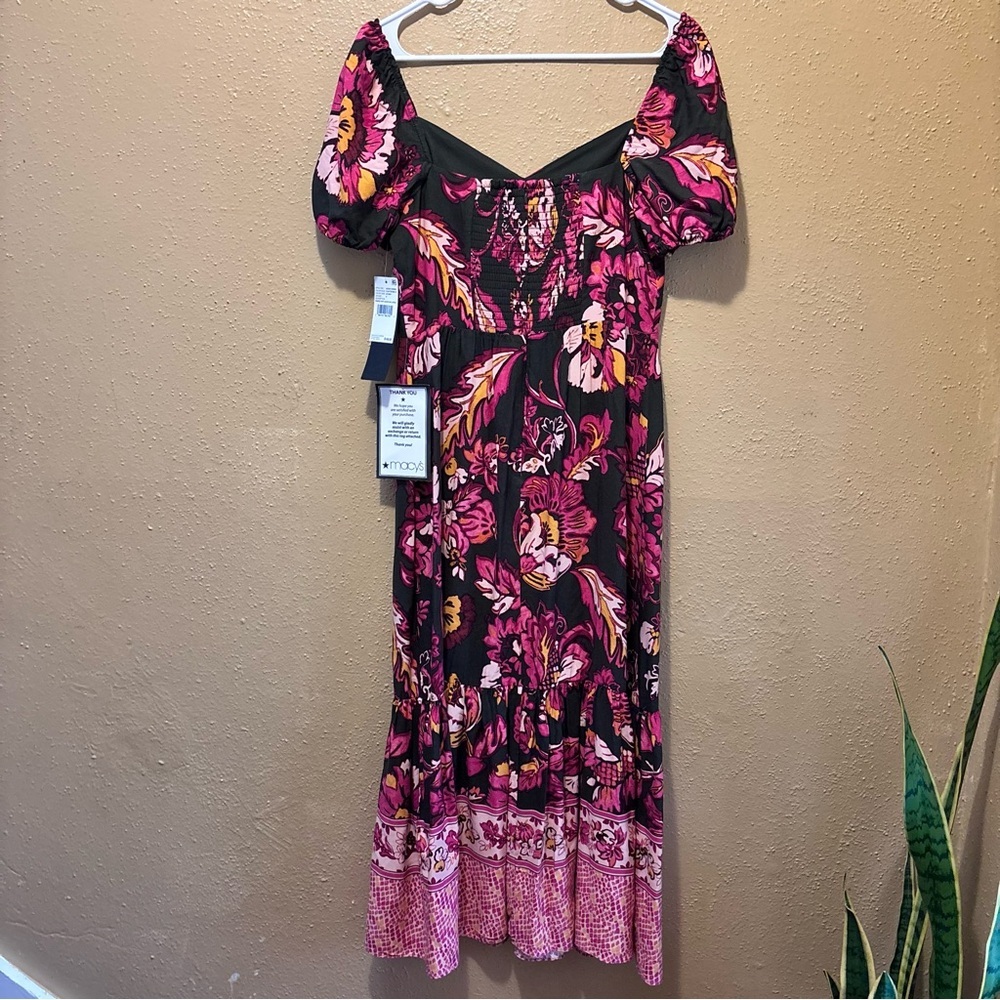 Adrianna Papell Floral Puff Sleeve Midi Dress Pink Black Sweetheart Neck NWT 6 - Picture 9 of 11